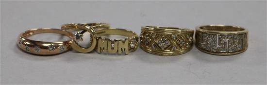 Four assorted 9ct gold and diamond set dress rings and one other 9ct gold and gem set ring. gross 16.1 grams.